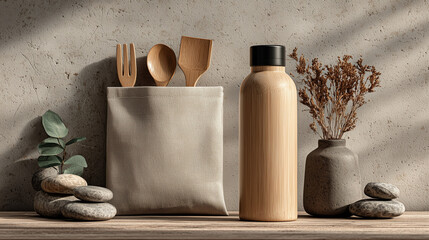 Eco-Friendly Bamboo Cutlery and Bottle with Minimal Zen Decor