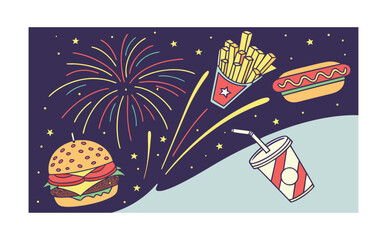 A glowing burst of neon fireworks transforming into fast food combinations including burgers, nuggets, fries, pizza, and milkshakes floating in the sky.