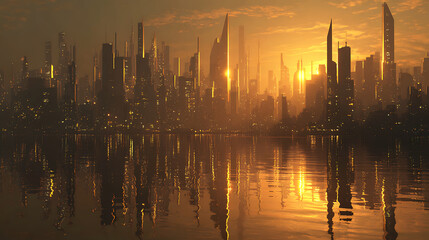 Fototapeta premium City skyline illuminated by sunset with reflection on calm water surface creating a serene evening view Generative AI