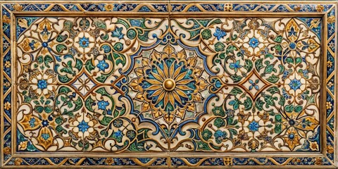 Decorative wall plaque with intricate tile design and gold accents , ceramic tiles, fine art, ceramic tiles