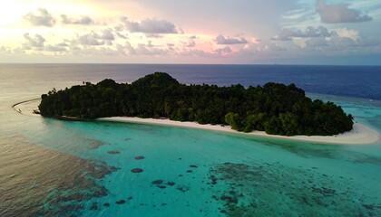 Serene tropical island, fringed by a vibrant turquoise lagoon, bathed in the soft light of a beautiful sunset.