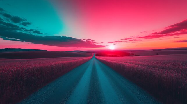 Vibrant sunset over a country road