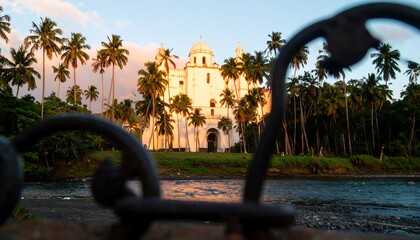 A serene, sun-drenched view of a historic white church amidst tropical greenery, framed by a flowing river and tropical palm trees.