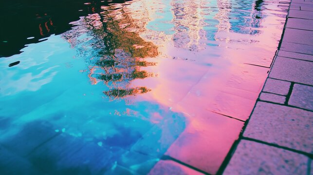 Vibrant water reflection on paving stones, colorful hues - Powered by Adobe