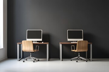 Two modern computer workstations with minimalist design and comfortable chairs against a dark wall