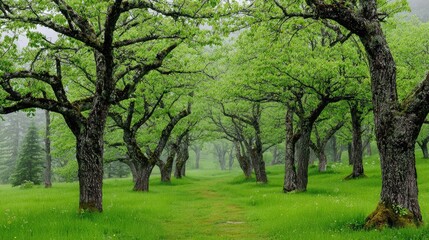 Lush green trees line a grassy path.