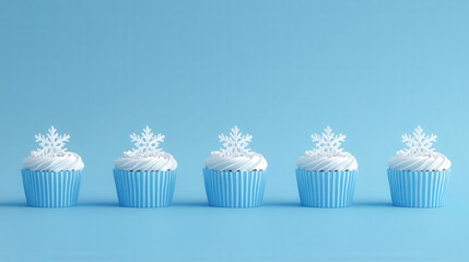 Cupcakes blue row smooth frosting pastel pattern light pastel colors, minimalistic background. 3D illustration, Holiday Christmas, New Year, copy space, banner, advertising, postcard, mockup