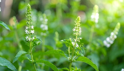 Close-up view of fresh basil plants in bloom, showcasing clusters of delicate white flowers atop vibrant green foliage.