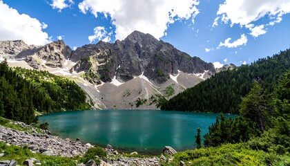 A serene mountain lake nestled amidst towering peaks, showcasing a vibrant turquoise water reflecting a dramatic sky filled with puffy white clouds.