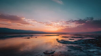 Sunset over tranquil waters reflecting colors in the sky at a serene lake surrounded by mountains Generative AI