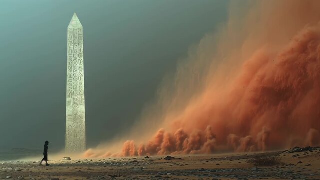 Ancient monument under threat: Massive sandstorm engulfs obelisk as lone figure watches. Dramatic scene of nature's power over human civilization