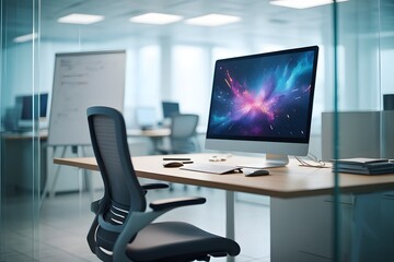Fototapeta premium Modern office workspace with a computer displaying a colorful nebula on a desk with an ergonomic chair
