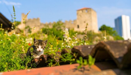 A small, striped kitten sits amidst a vibrant garden of wildflowers and grasses on a rooftop, with an ancient stone tower in the background.