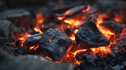 Charcoal burning with glowing embers surrounded by rocks in a campfire setting during dusk Generative AI