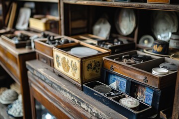 Vintage wooden shop display with antique measuring tools and decorative boxes