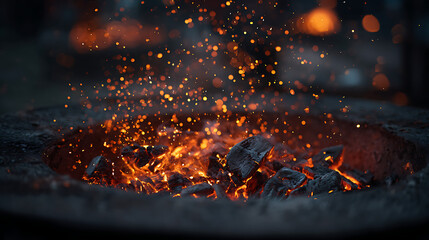 Glowing embers emitting sparks from a fire pit during a cool evening gathering among friends Generative AI