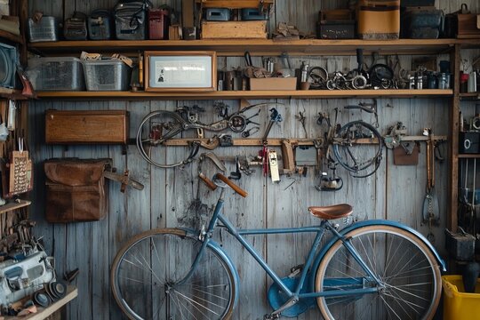 Vintage workshop with shelves filled with tools, bicycles, and antiques
