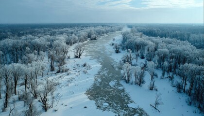 Frozen river winding through snowy forest