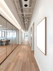 Modern Office Corridor: Minimalist Design with Blank Canvas for Branding