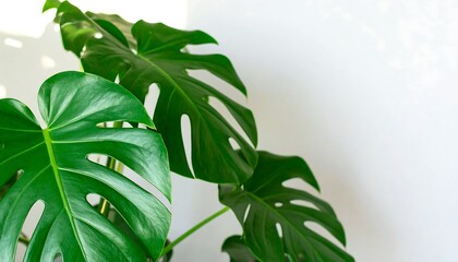 Lush, vibrant monstera deliciosa leaves fill the foreground against a bright, clean white background, creating a serene and natural scene.