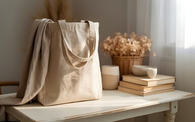 A minimalist white cotton tote bag against the backdrop of a cozy room in neutral beige colors.