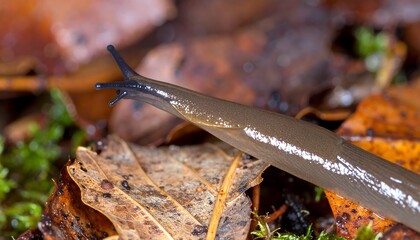 Close-up of a terrestrial slug, displaying its elongated body and distinct features, amidst fallen leaves and moss.