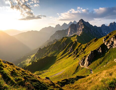 Sunset Mountain Road with Alpine Landscape.