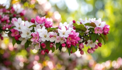 Delicate blossoms of pink and white crabapples, vibrant with spring's gentle light, gracefully cascade down a branch, bathed in soft sunlight.