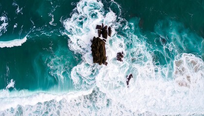 A high-angle view of crashing waves around a dark rock formation, showcasing the vibrant turquoise water and white foam.