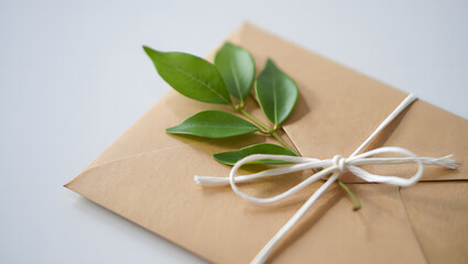 Simple kraft paper gift box tied with white twine and decorated with fresh green leaves