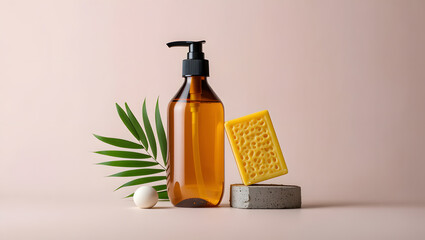 Amber glass pump bottle of liquid soap or lotion with green leaf and textured yellow bar of soap