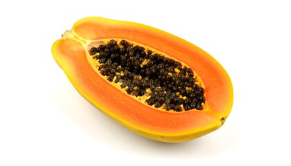 A vibrant, fresh papaya slice, displaying its vibrant orange and yellow flesh, showcasing numerous dark seeds within a simple, clean, white background.