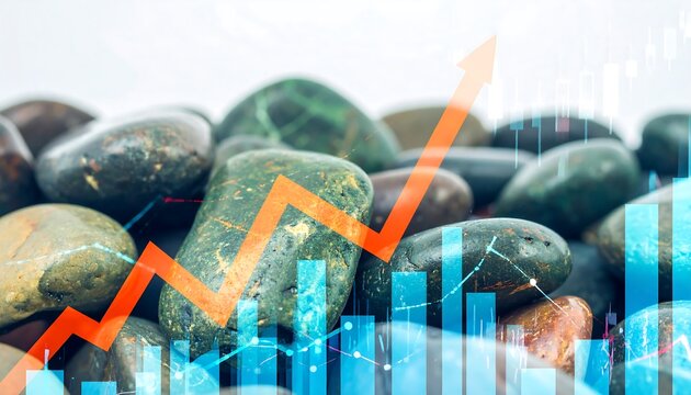 A collection of stones overlaid with upward trending charts and graphs, suggesting financial growth.