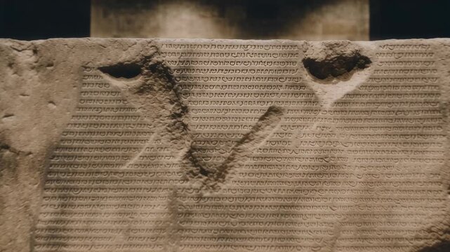 Ancient stone tablet with cuneiform writing. Mesopotamian archeological artifact. Historical relic from Sumerian or Babylonian civilization. Museum exhibit.