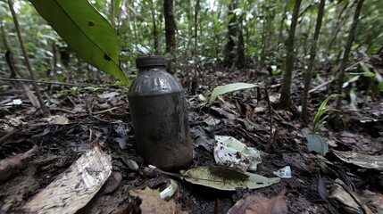 Forgotten Bottle in Lush Rainforest Jungle Floor