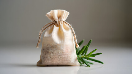 A small satin sachet filled with potpourri or dried herbs tied with a ribbon next to a sprig of rosemary