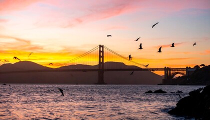 Golden Gate Bridge at sunset, birds in flight