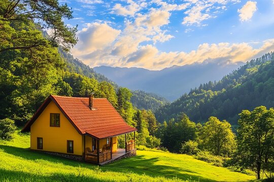 Yellow house nestled in valley, mountains, lush forest - Powered by Adobe
