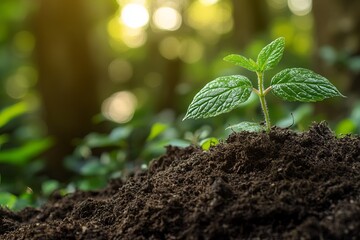 Young sprout in rich soil, sunlit forest background