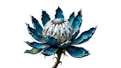 Blue protea flower with intricate petals on a transparent background  