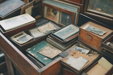 Wooden drawer overflowing with old photos and papers