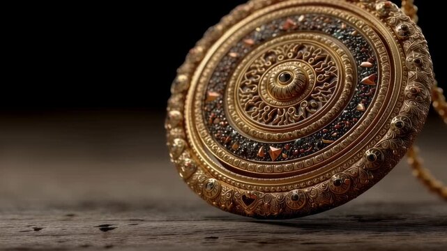 Ancient golden amulet with intricate spiral design rotating on wooden surface. Mystical archaeological artifact. Concept of ancient civilizations and historical treasures.