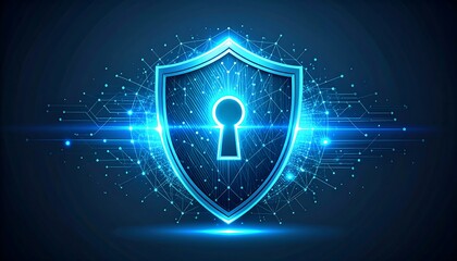 A digital shield with a keyhole graphic displays strong security measures.