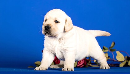 A charming, cream-colored Labrador puppy stands against a vibrant blue backdrop, accented by a delicate arrangement of dried roses.