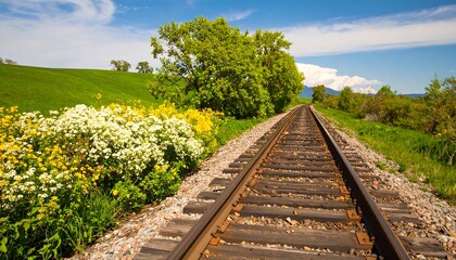 A scenic railroad track extends through a vibrant meadow filled with wildflowers, leading to a lush landscape under a clear blue sky.
