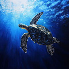 Majestic sea turtle navigating through an endless ocean expanse, cinematic deep blue gradients, soft ambient lighting, breathtaking wildlife photography, ultra-detailed realism 