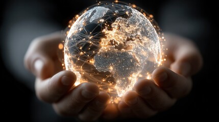Globed hands hold digital Earth