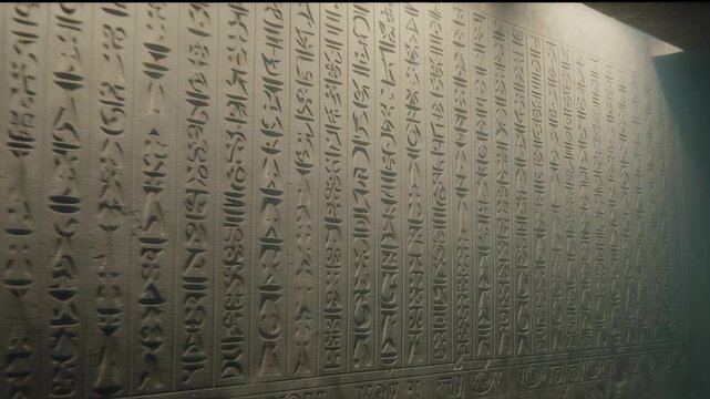 Ancient hieroglyphs carved on stone wall illuminated by spotlights. Egyptian archeology exhibit in dark museum. Mystery of ancient civilization writing system