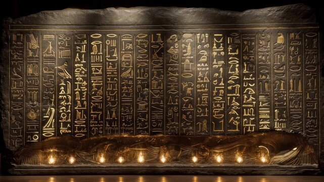 Ancient Egyptian hieroglyphs on stone wall with glowing symbols and candlelit altar. Mystery of pharaohs tomb. Archeological discovery in pyramid