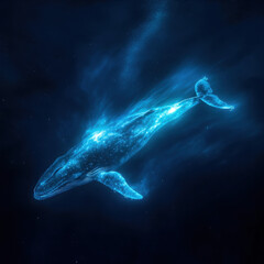 Naklejka premium Massive blue whale gliding through an ethereal bioluminescent ocean, glowing plankton illuminating its path, surreal and mesmerizing composition, cinematic marine wildlife photography 